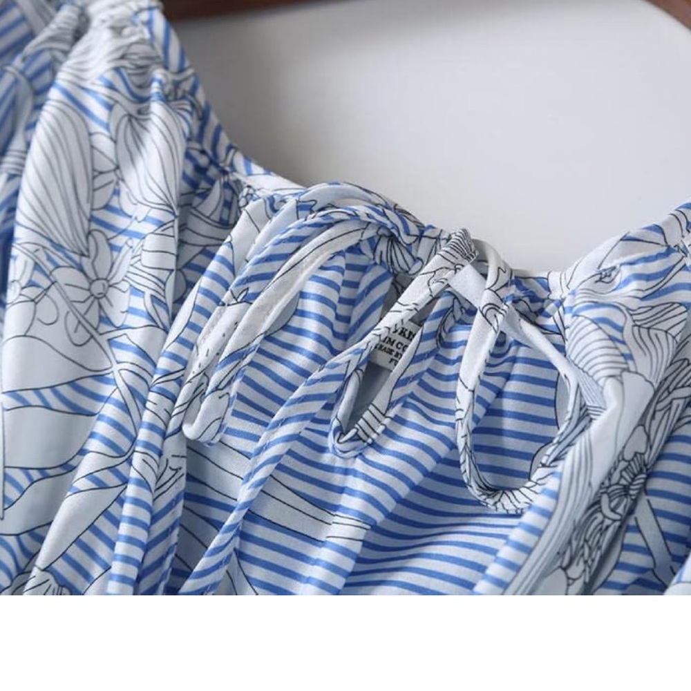 Chicwish Stripe Floral Open Back Long Sleeve Small Blue White Maxi Dress - Picture 3 of 4